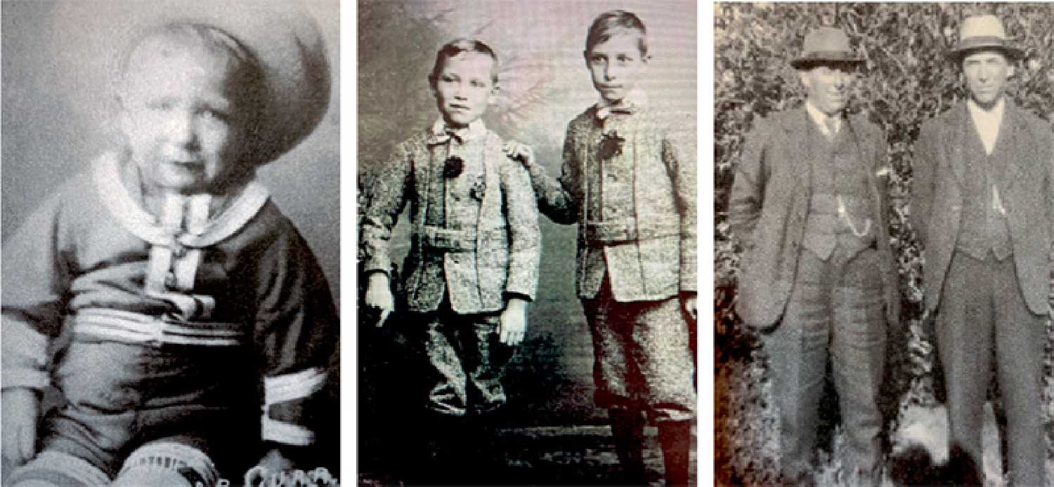 Above at left, Albert Edward Gurr was sent to the Barnardo home in England at three years old. Above middle, brothers Albert and Amos Gurr in England. Above at right, Albert and Amos Gurr after moving to Canada and reconnecting in the Hamiota and Miniota area.